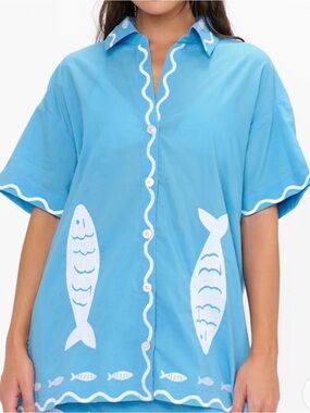 Show Me Your MuMu Parker Button Down Shirt Blue Fish Embroidery